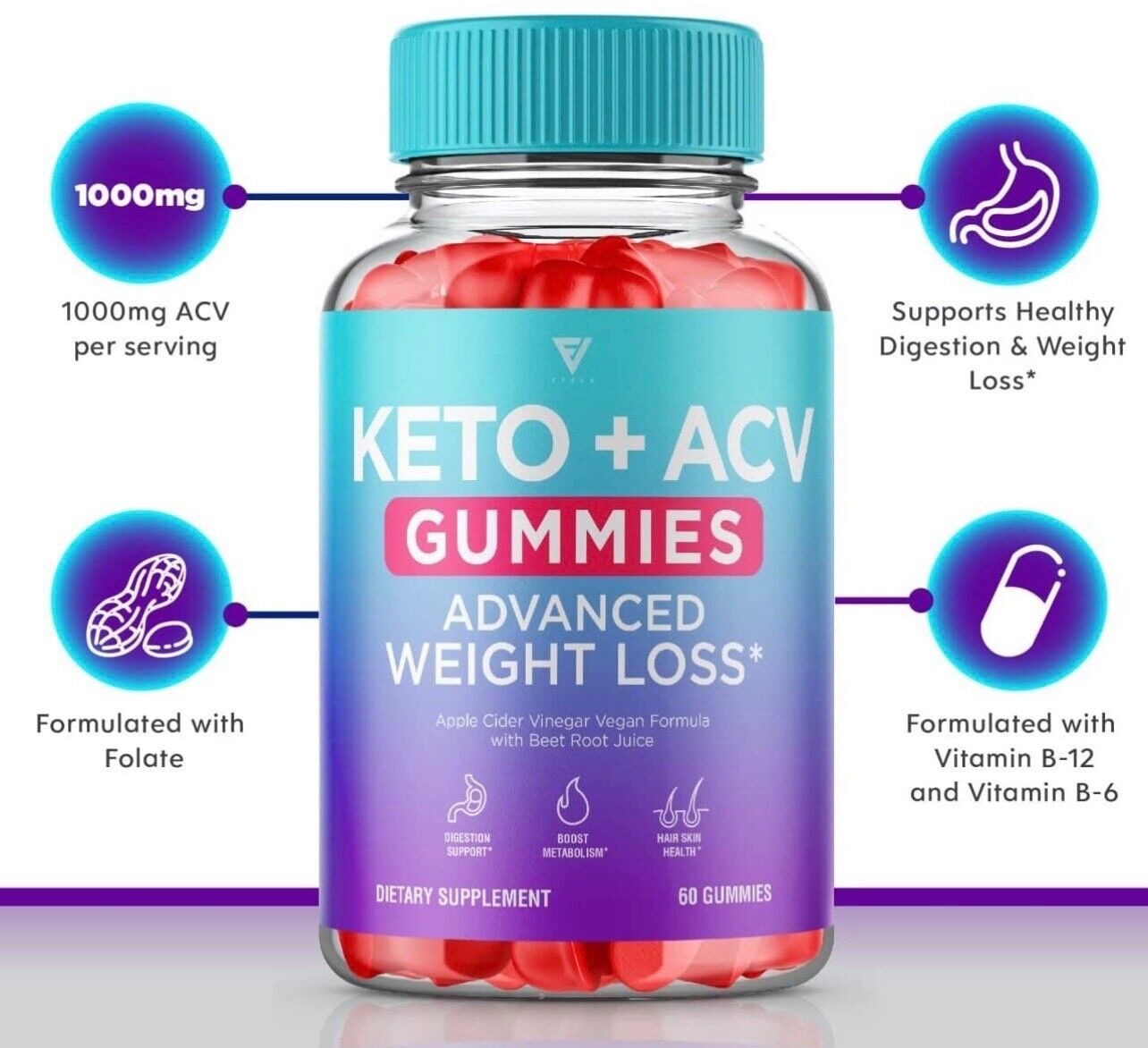 Keto ACV Gummies, Keto+ACV, Apple Cider Vinegar Gummies (60 Gummies)