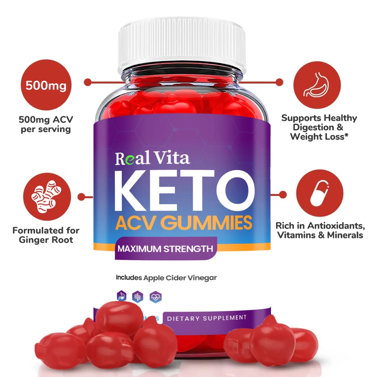 5-Pack Real Vita Keto ACV Gummies, Vegan,Apple Cider Vinegar Gummies-300 Gummies