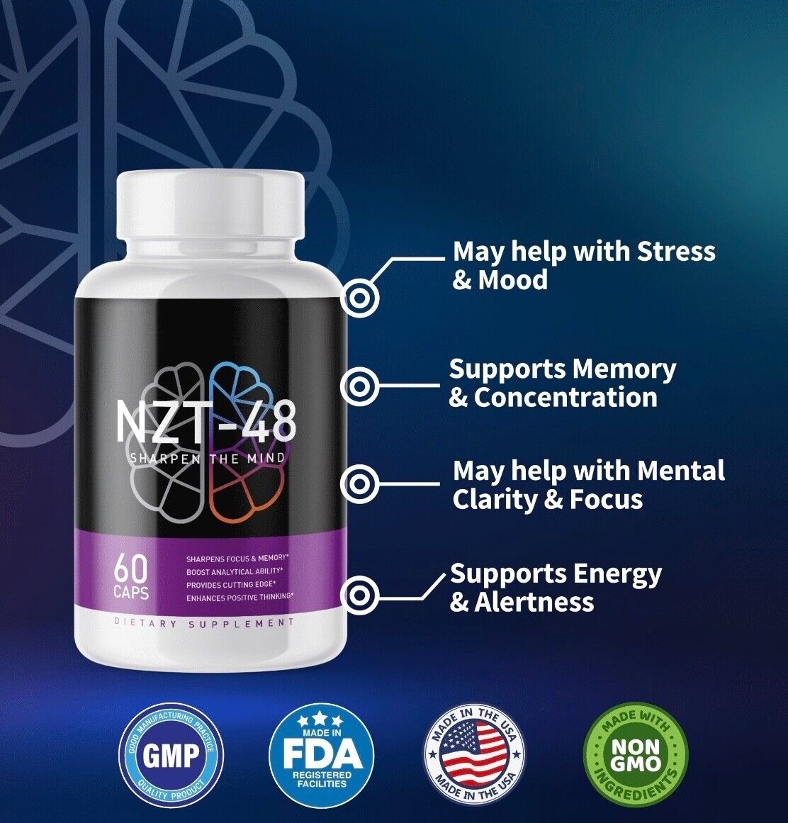 NZT-48 Brain Booster, Focus, Memory, Function, Clarity- 60 Capsules