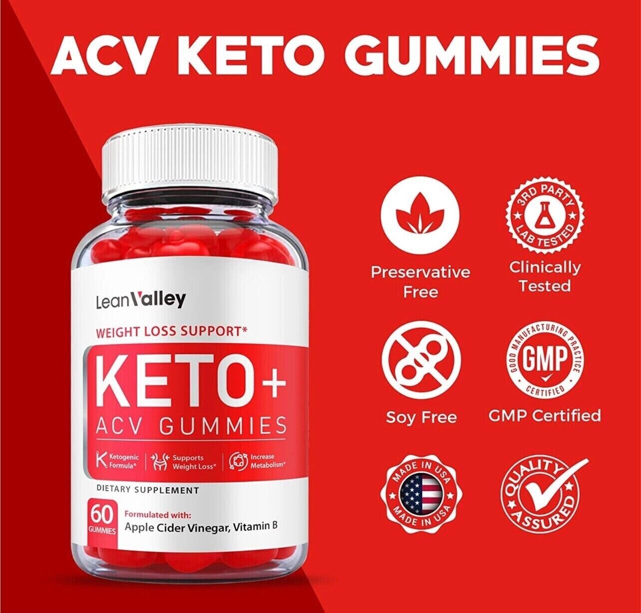 5-Pack Lean Valley Keto ACV Gummies, Weight Loss, Vegan, Fat Burner-300 Gummies