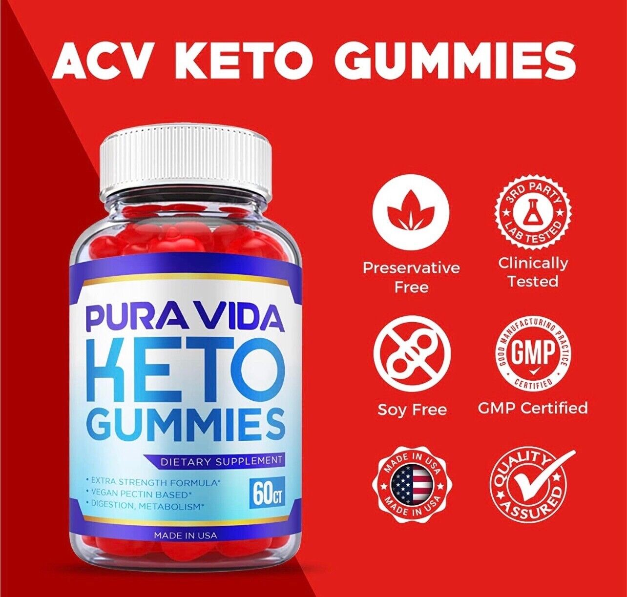 5-Pack Pure Vida Keto Gummies, Vegan, Fat Burn, Weight Loss Gummies-300 Gummies