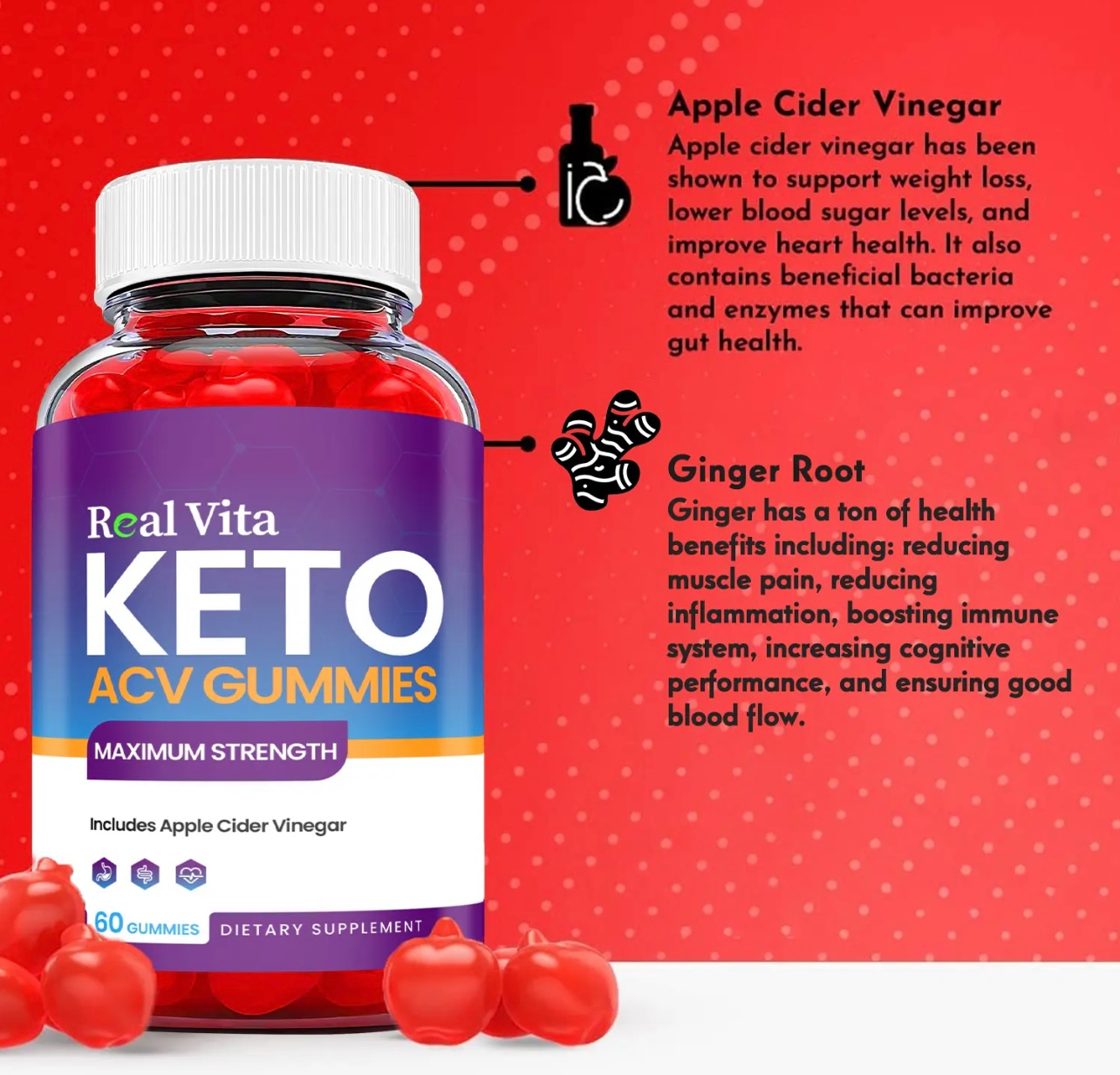 5-Pack Real Vita Keto ACV Gummies, Vegan,Apple Cider Vinegar Gummies-300 Gummies