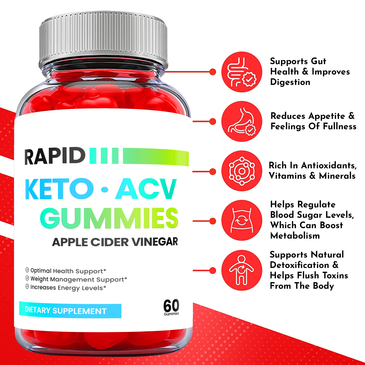 5-Pack Rapid Keto ACV Gummies, Vegan, Fat Burn, Weight Loss Gummies-300 Gummies