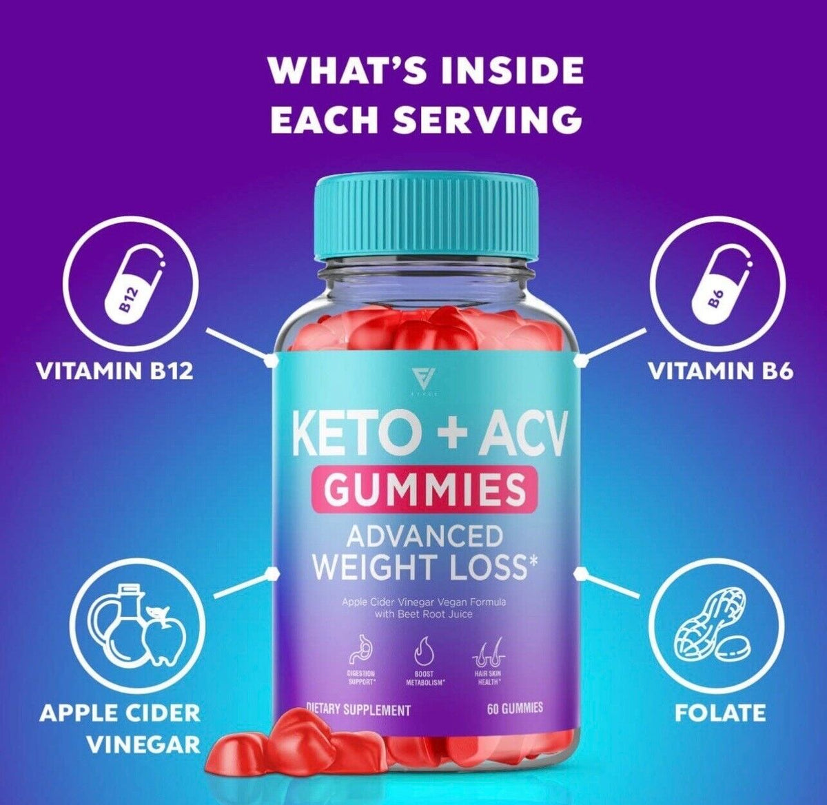 2-Pack Keto ACV Gummies, Keto+ACV, Apple Cider Vinegar Gummies (120 Gummies)