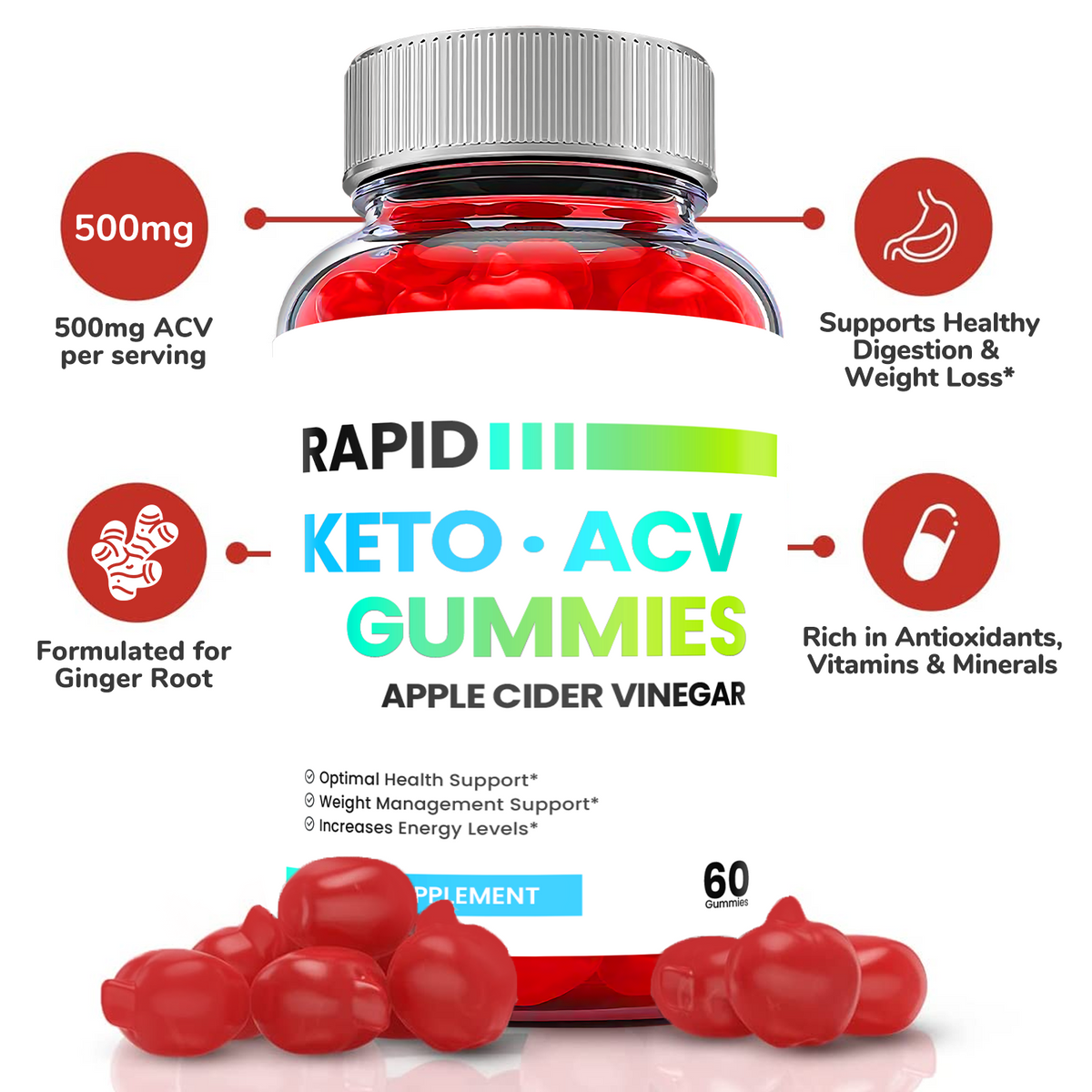 5-Pack Rapid Keto ACV Gummies, Vegan, Fat Burn, Weight Loss Gummies-300 Gummies