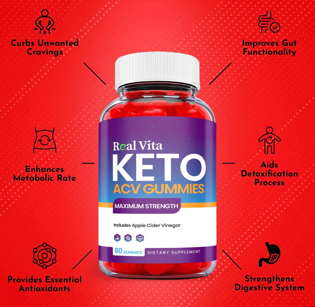 5-Pack Real Vita Keto ACV Gummies, Vegan,Apple Cider Vinegar Gummies-300 Gummies