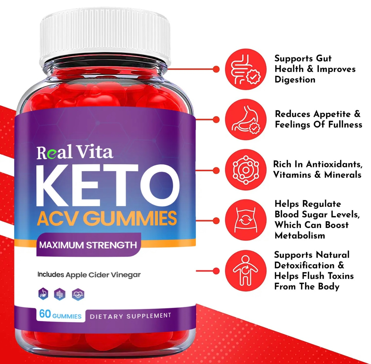 5-Pack Real Vita Keto ACV Gummies, Vegan,Apple Cider Vinegar Gummies-300 Gummies